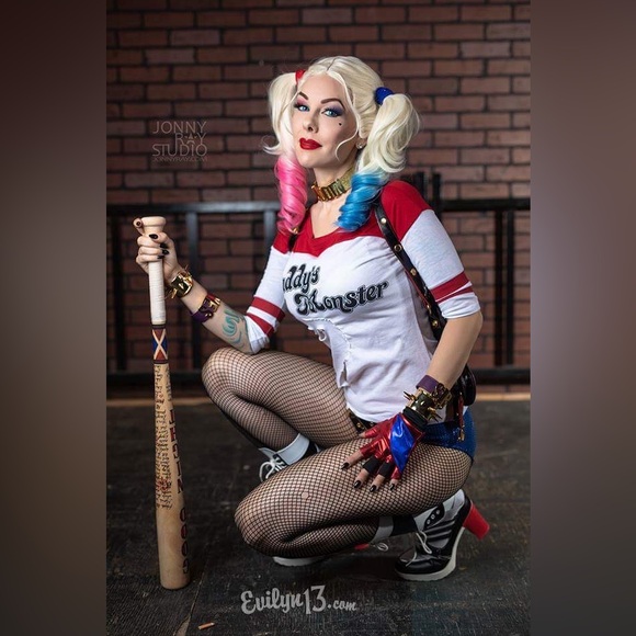Suicide Squad Harley Quinn Cosplay Black and White Women's Boots with Red Heels - Picture 6 of 6